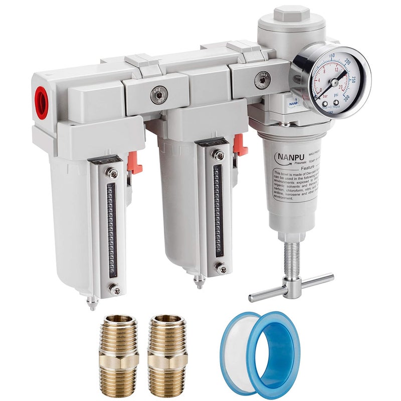 NANPU 1/2" NPT T-Handle High Pressure Air Drying System - Double 5 Micron Particulate Filter & Air Pressure Regulator Piston Combo, Semi-Auto Drain＆Gauge - Image 1